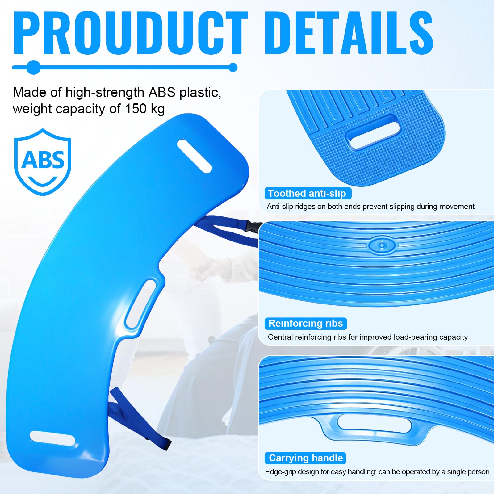 Slide Transfer Board – Transferencia de pacientes de silla de ruedas a cama, inodoro, bañera y coche – Con práctica asa (azul)