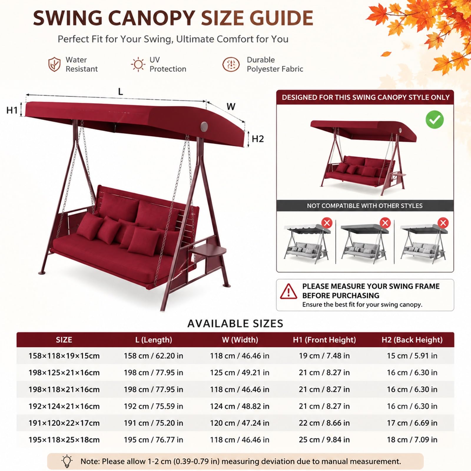 Copertura Dondolo 3 Posti Tettuccio Ricambio Impermeabile da Giardino | Tessuto poliestere 600D 250g/m², resistente ai raggi solari, facile da pulire, per prato e giardino(Red,198*125*21*16cm)