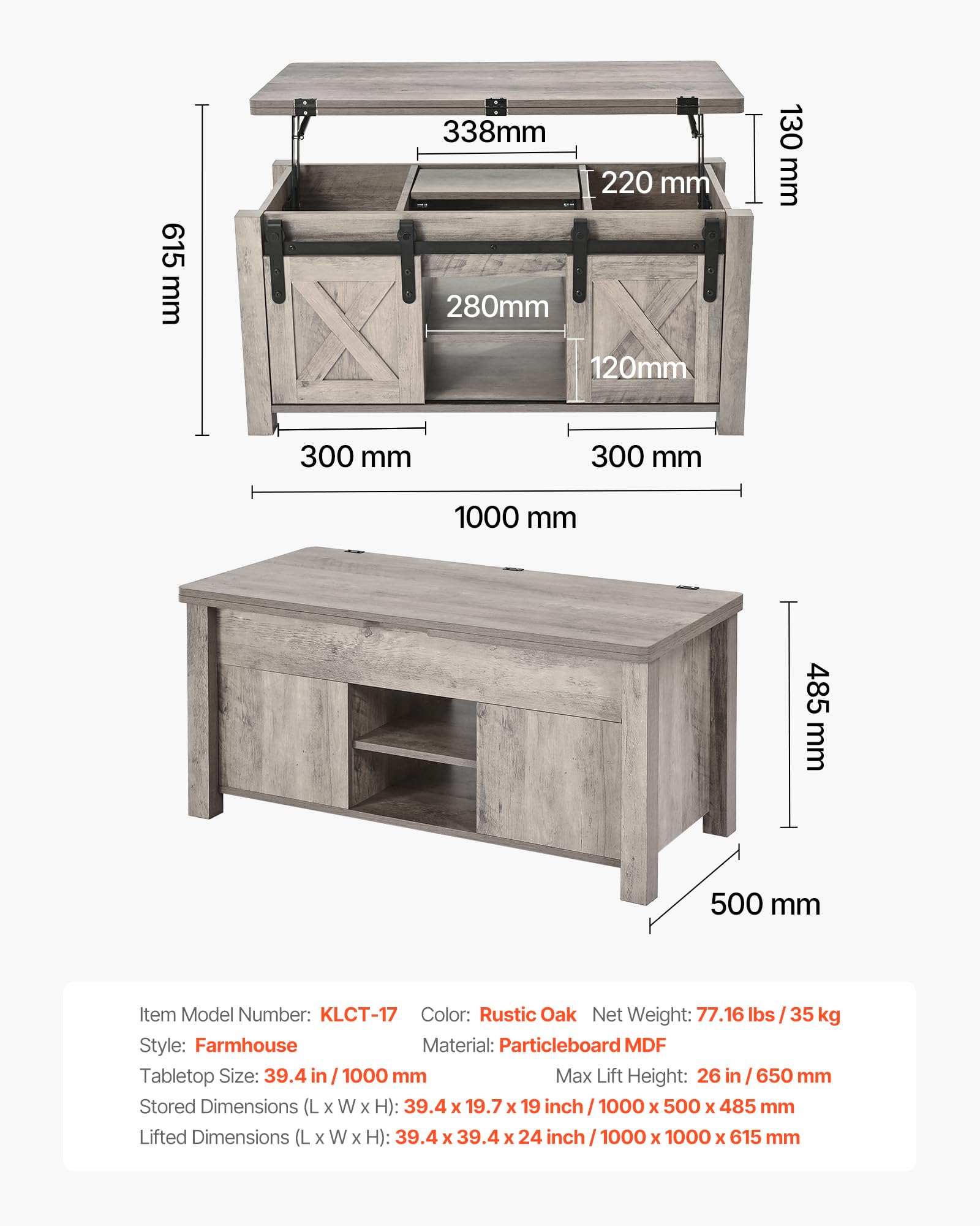 VEVOR Mesa de Centro Elevable 100 cm, Mesa de Café con Puerta Estilo Granero y Compartimento de Almacenamiento Oculto, Mesita de Salón o Comedor de Madera para Salón, Oficina, Hogar, Roble Rústico