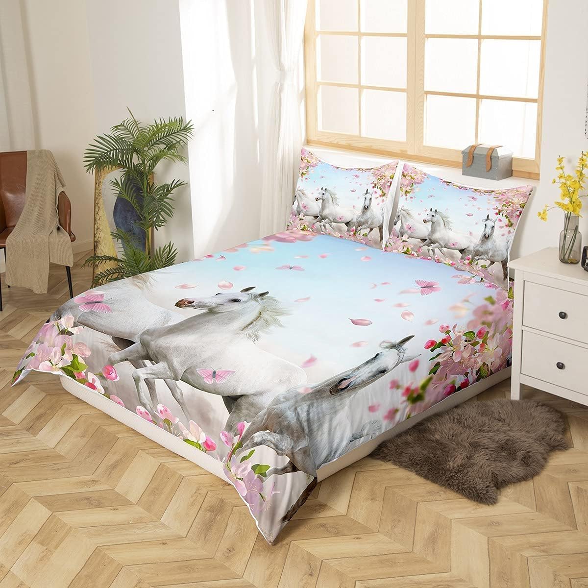 Loussiesd Single Girl Horse Bedding Set Flying Horse Set White Duvet Cover Cherry Blossoms Pink Flowers Duvet Cover 3D Wildlife Bedroom Decoration - Image 3