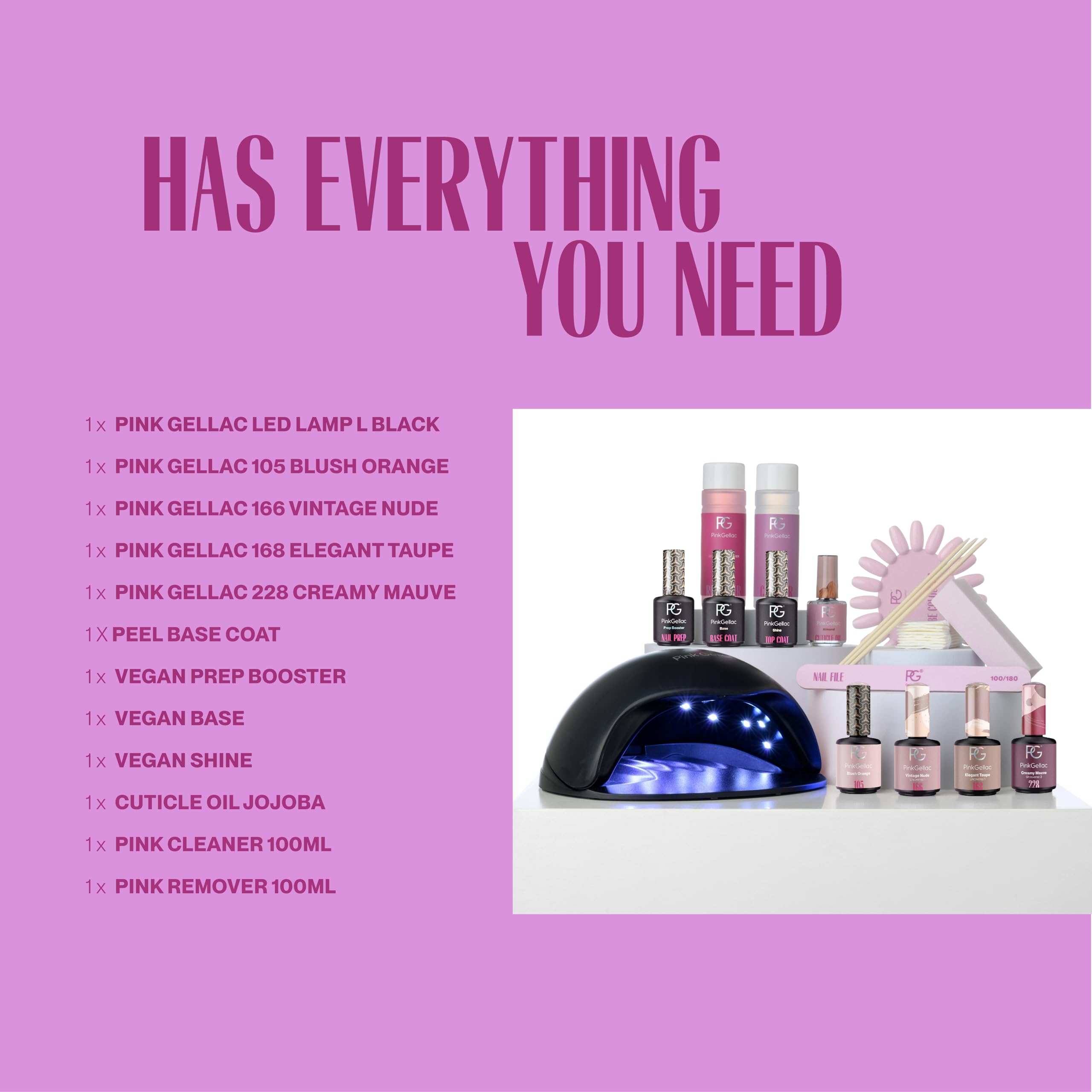 Pink Gellac Kit Vernis Semi Permanent - Manucure Kit Semi Permanent Complet avec Premium Lampe UV LED Noir, 4x Teintes Roses 15 ml, Top & Base Coat Gel UV, Dissolvant et Cleaner de Qualité Salon