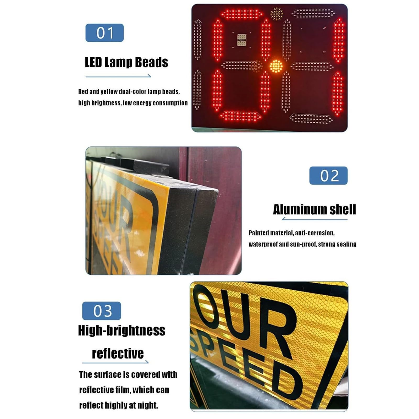 Señal de retroalimentación de velocidad de radar, funciona con energía solar, distancia visual de 300 m, tablero de límite de velocidad LED reflectante de alto brillo para carreteras con velocidad