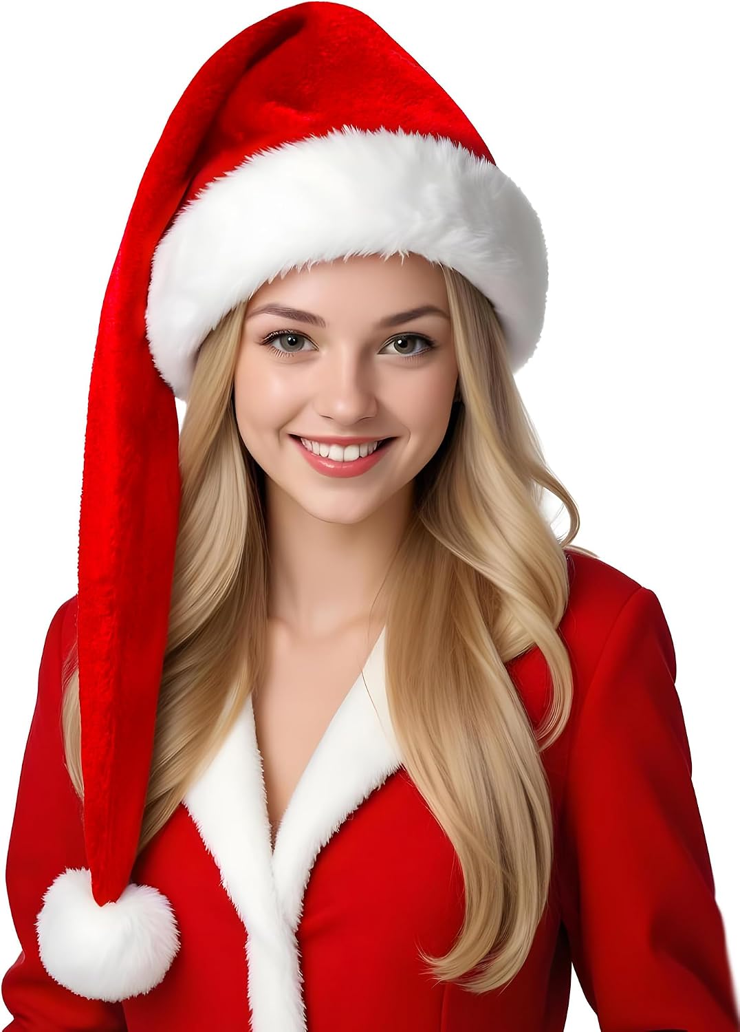 Long Santa Hat for Adult Soft Velvet Xmas Hat Fluffy White Fur Trim Fuzzy Santa Clause Hat for Christmas Party
