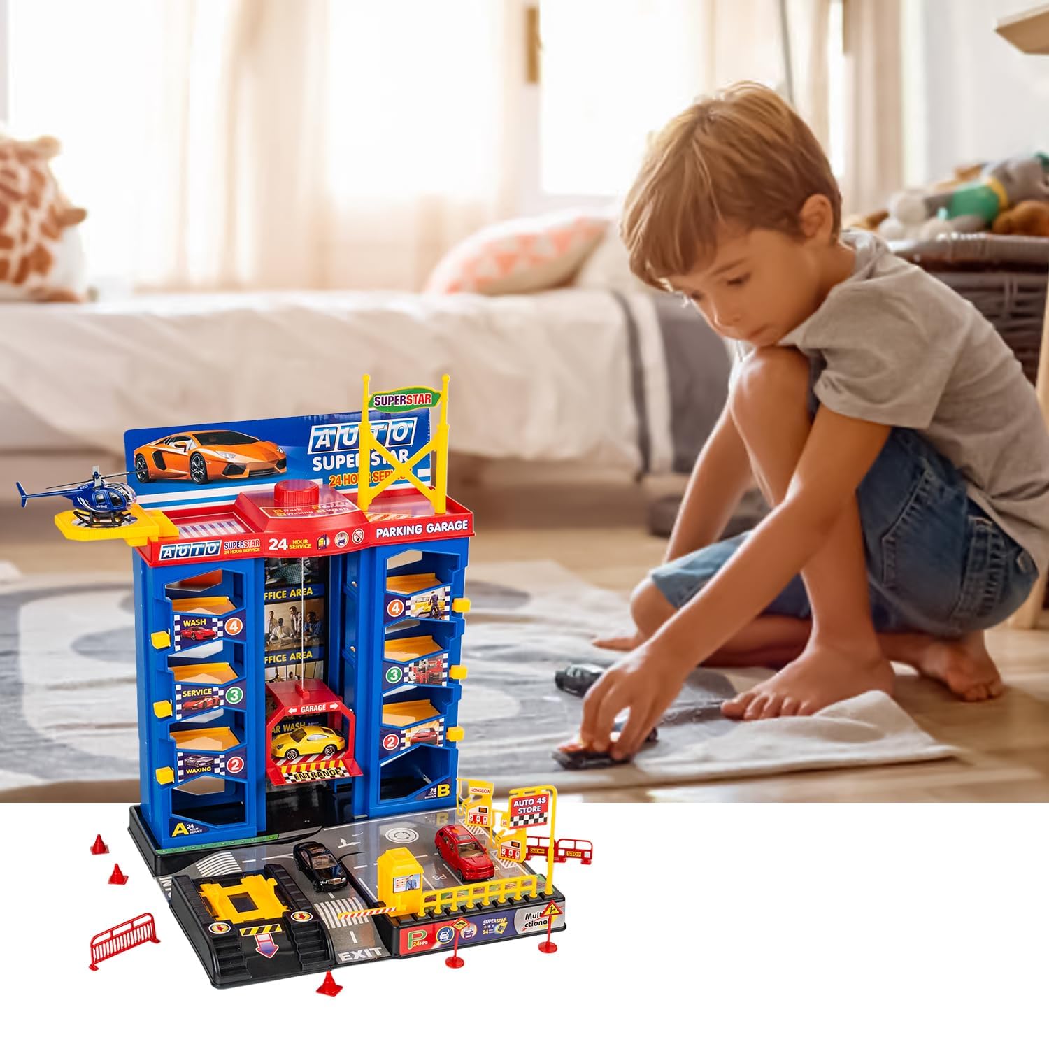 CELMAN Garage de Jeu pour Enfants - Parking de Jouets Multifonctionnel avec Ascenseur et Atelier, Inclus 3 Voitures en Métal, Hélicoptère et Accessoires, Jouet pour Enfants de 3 4 5 6 7 8 Ans