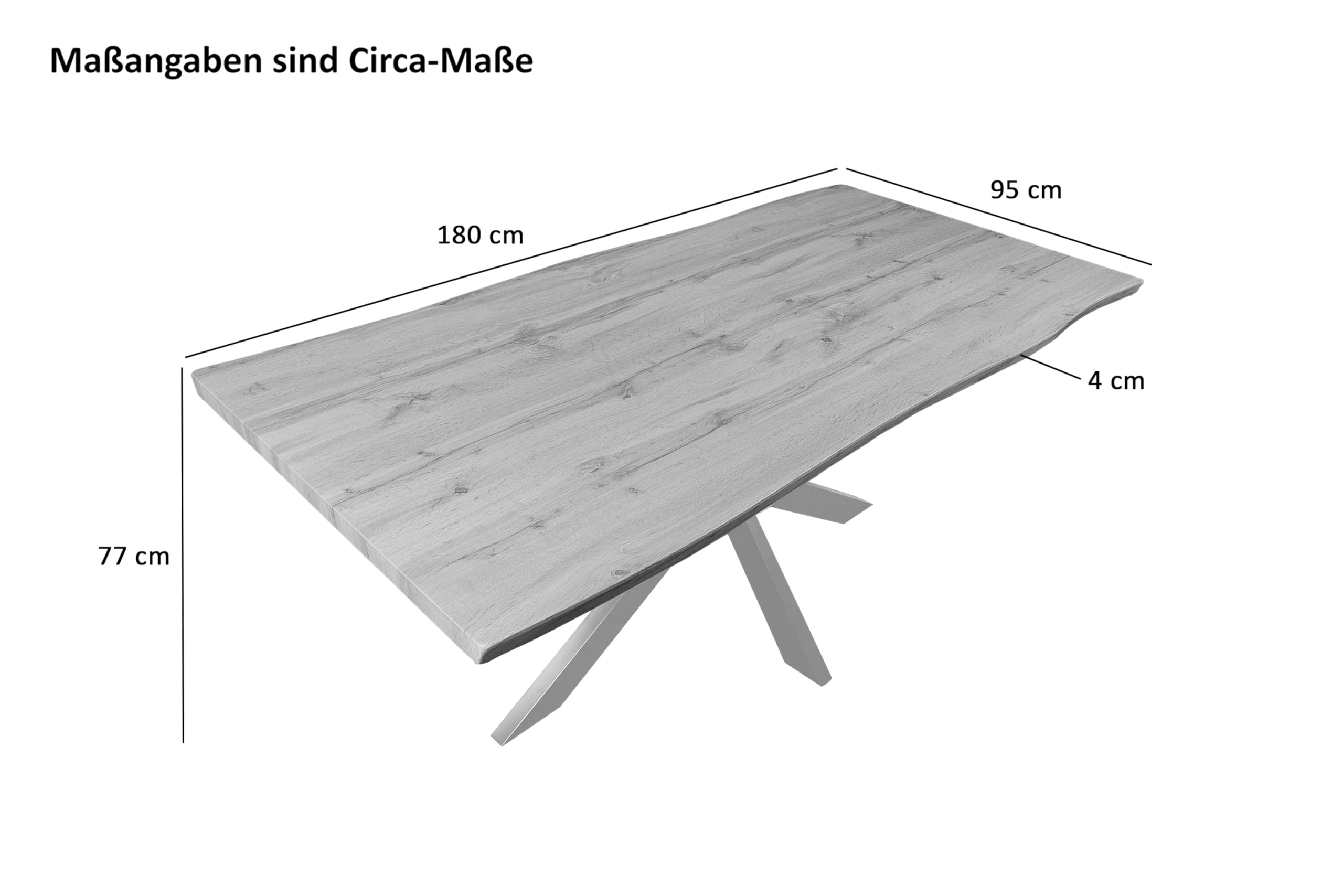 Esstisch 180x90 cm Eiche schwarz Baumkante Spider-Gestell Holz Casa | 40mm Eiche-Optik, Baumkantentisch aus, Massiva