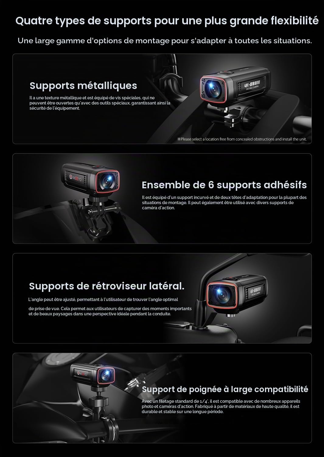 Akeeyo-710pro EIS Motorcycle Camera,4K 28fps 20MP WiFi Motorcycle Dash Cam,IP66 Ultra HD Imperproof Motorcycle Camera,142° Grand Angle Vision Nocturne avec Carte 64 Go,G-Sensor,Mode de Stationnement