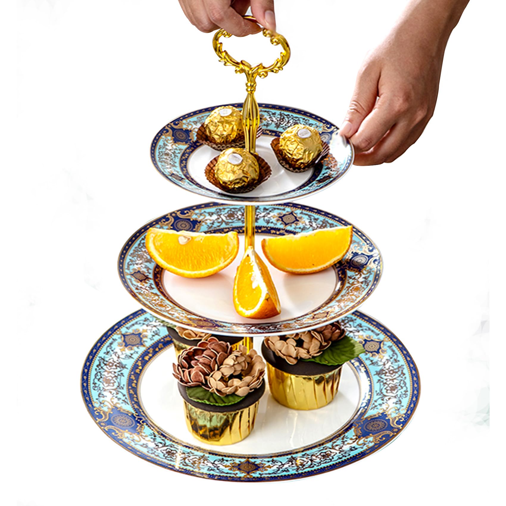 Soporte de té de tarde de 3 niveles, bandeja de porcelana para servir cupcakes, soporte para tartas de porcelana azul y blanca, soporte para servir pasteles para fiestas de té, bodas y