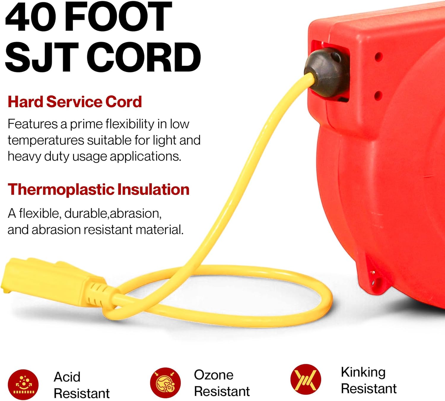 ReelWorks Retractable Extension Cord Reel Polypropylene 12AWG x 40' Foot Industrial Commercial Grade 3C SJT Cable Triple Tap Connector 15A 125VAC 1875W 60Hz Current Interrupter Best for Indoor Use
