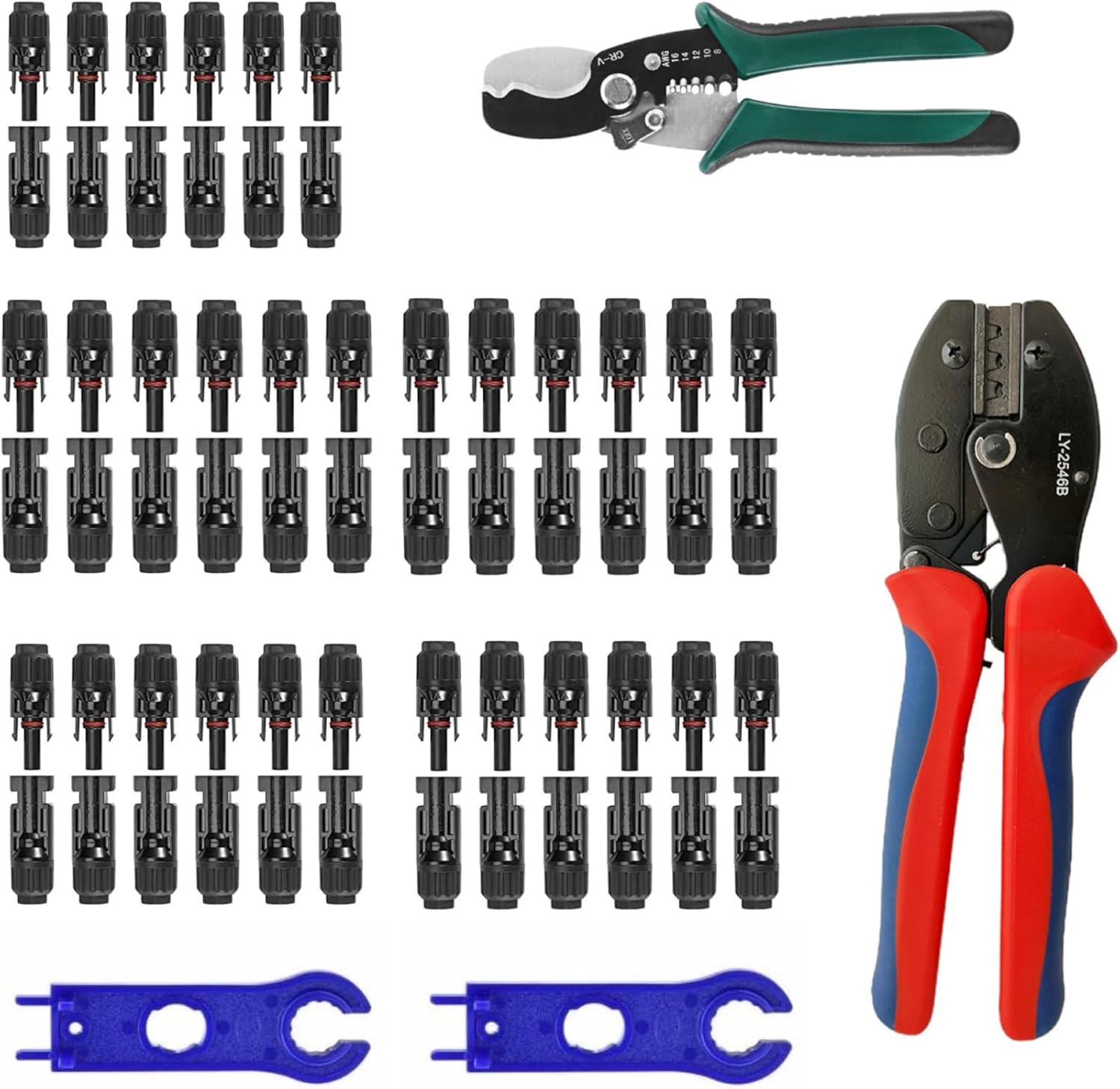 Solar Crimping Tool for Solar Panel Cable with 30 Pairs Solar Connectors, 1PCS Solar Crimper, 2 PCS Spanner Wrench, Crimper Tool for 2.5/4/6mm² Solar cable Wire,1PCS cable stripper