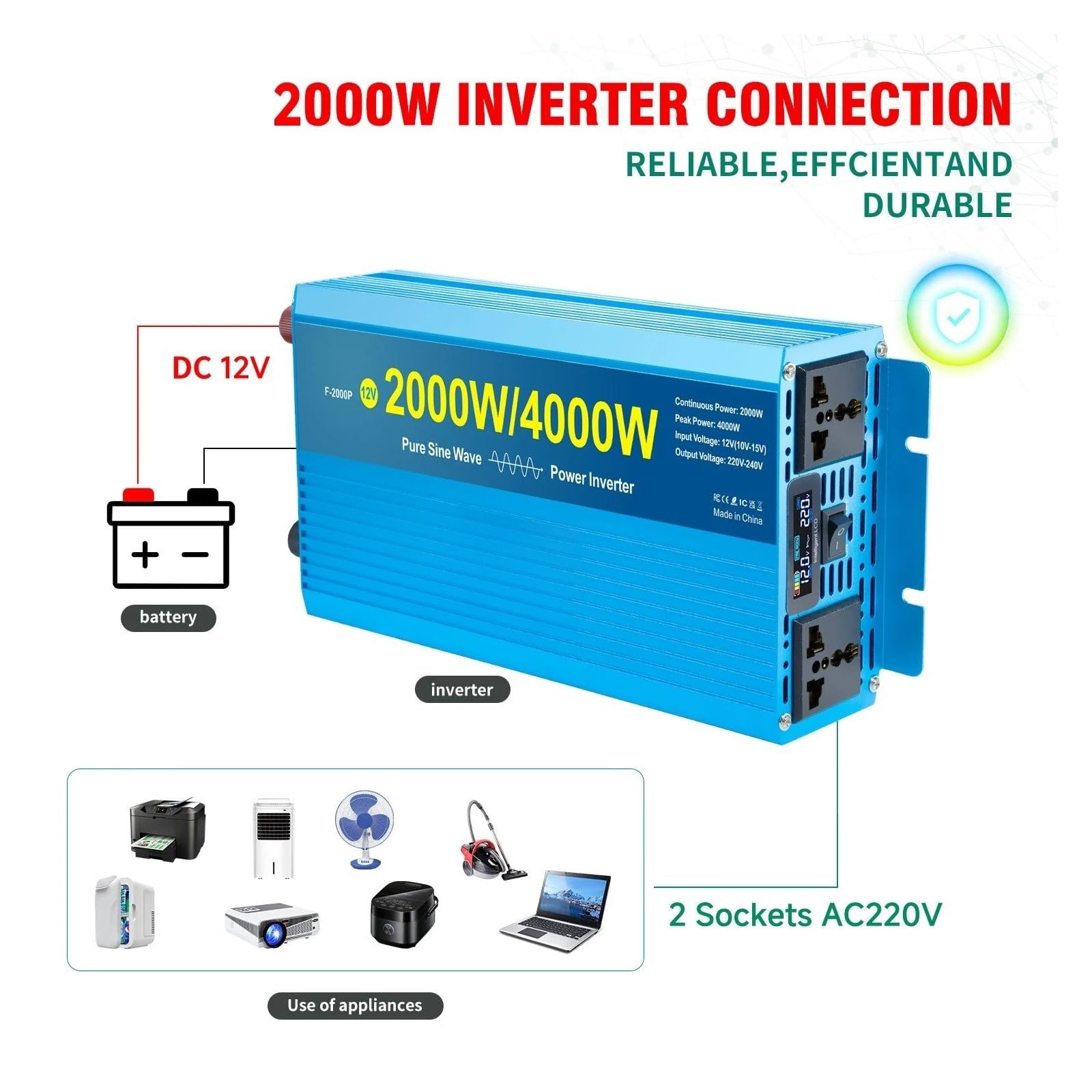 Inversor Corriente Onda Sinusoidal Pura 2 Tomas Convertidor Potencia Congelador Hervidor Ventilador Suministro Energía Eléctrica Doméstica 4000 W(12V,220V Universal,5000W Peak)