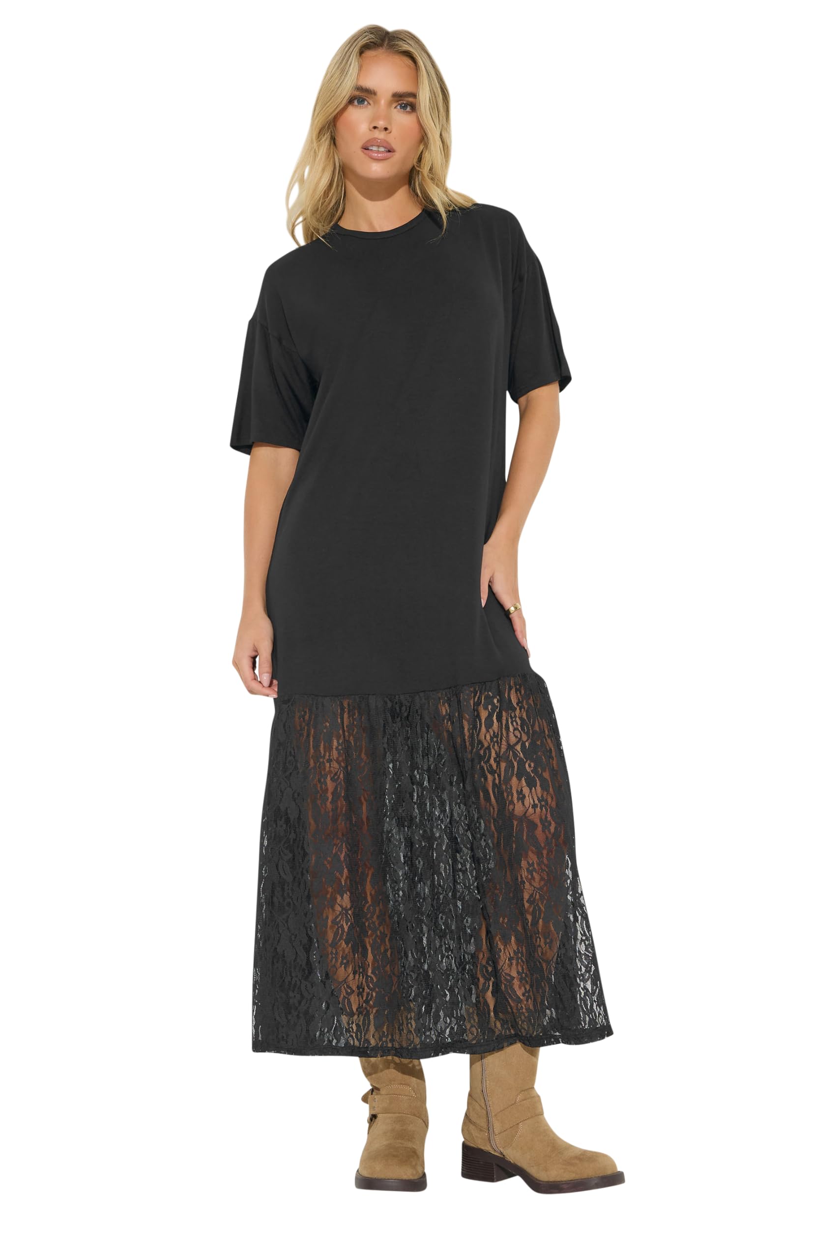 Pixiegirl Women's Black Petite Lace Tshirt Maxi Dress Size 14