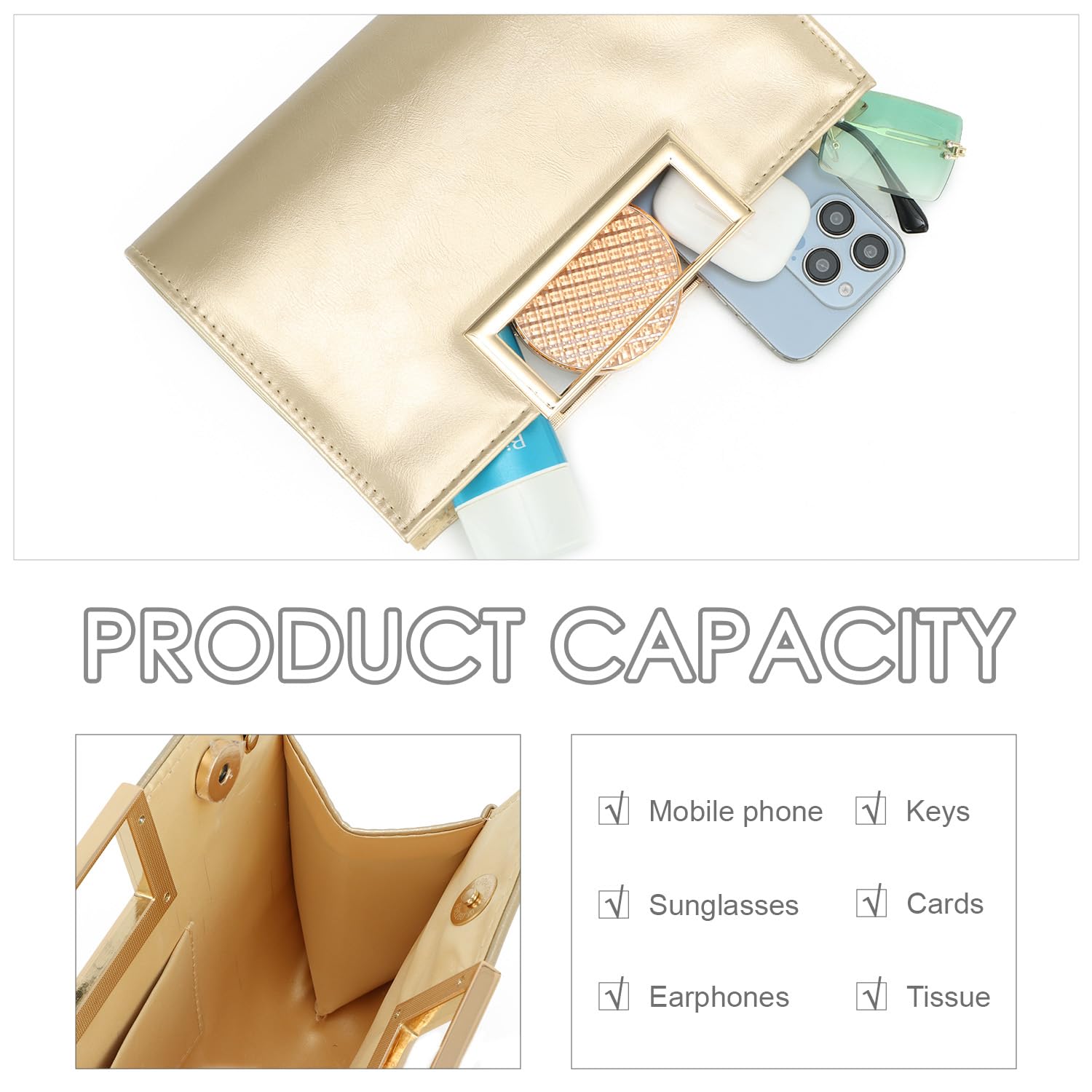 EVEOUT Pochette en Cuir PU Femmes Clutch Sac à Main de Soirée avec chaîne Sac à bandoulière élégant pour Mariage Plage Vacances(Or)