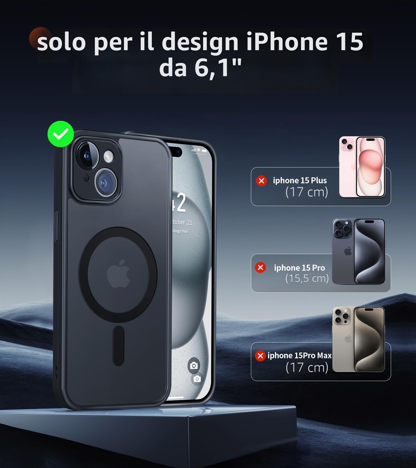 FLLAO Cover Magnetica per iPhone 15 Custodia e 2 Pellicole in Vetro Temperato, Cover iPhone 15 Compatibile con Magsafe, Custodia Traslucida Opaca Posteriore Sottile Antiurto Protettiva Case, Nero