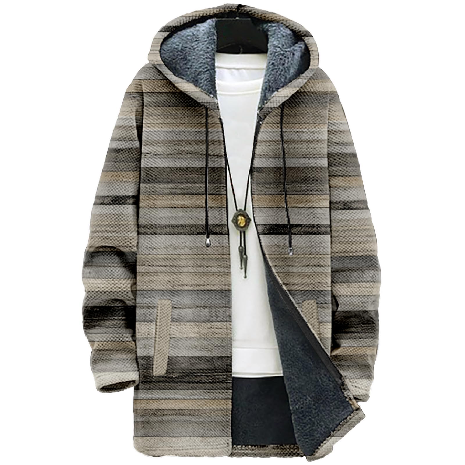 MARSVOVO Retro Patchwork Long Hooded Cardigan for Men Casual Stylish Fleece Lined Zip Up Hoodies Spring Fall Warm