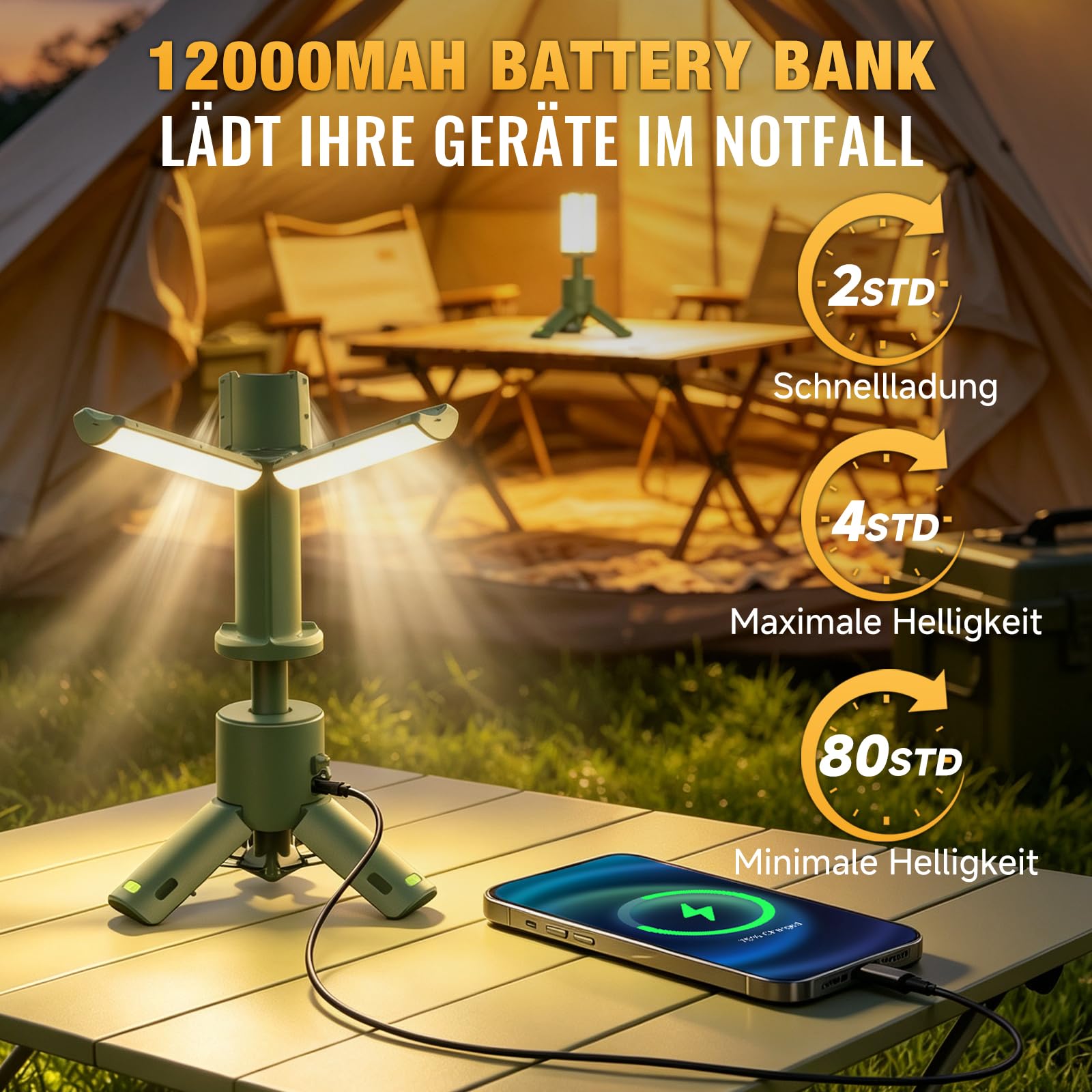 ETOOLAB Lampada da campeggio 12000 mAh, 48 ore, telescopica, ricaricabile