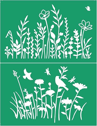 JAJADO Plantilla de pantalla de seda autoadhesiva, plantilla de flores silvestres, plantillas florales para plantas, primavera, transferencia de