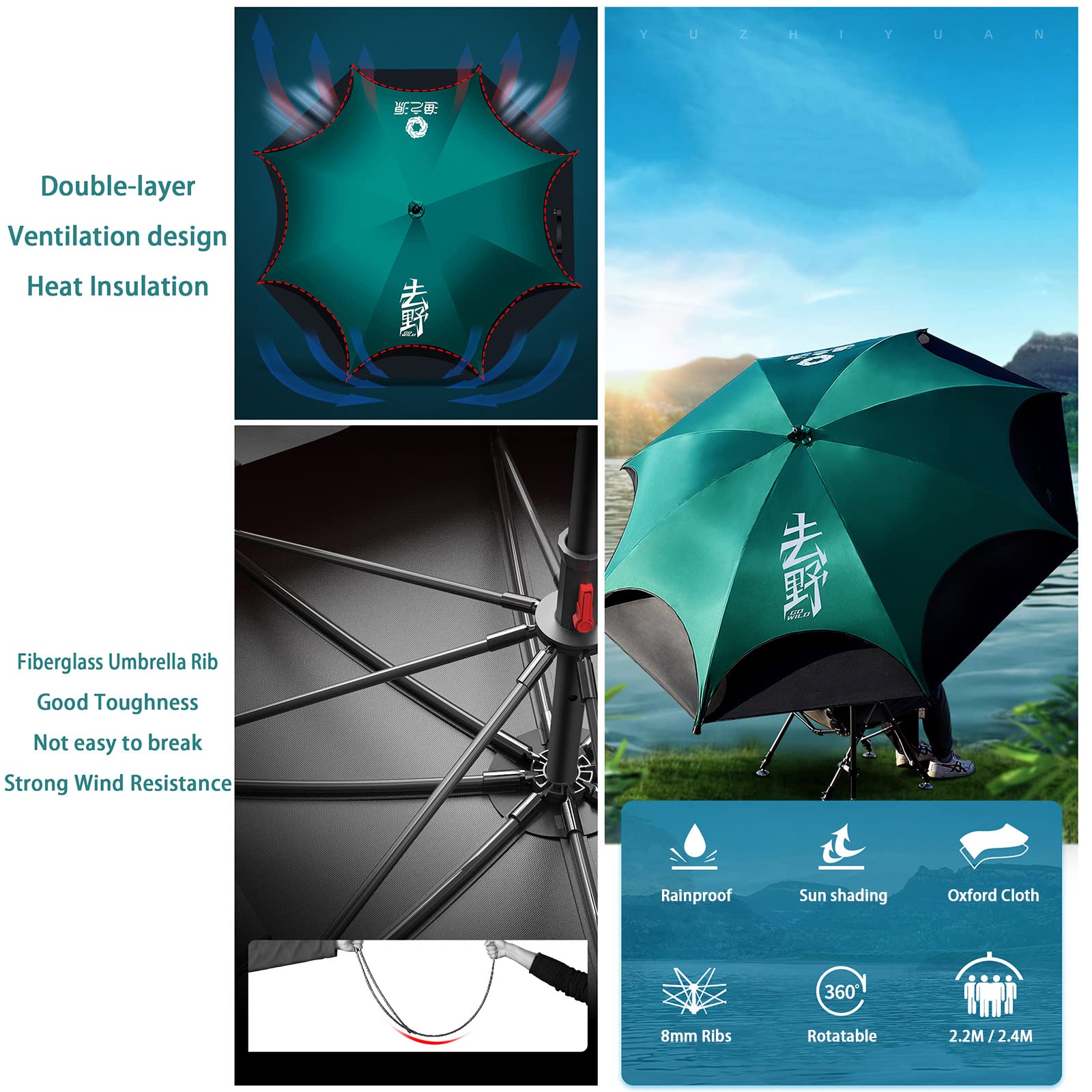 Ombrellone antivento resistente, ampio, regolabile a 360° con molla, asta telescopica girevole, impermeabile, trasmissione della luce nulla, ideale per pesca, giardino e spiaggia.