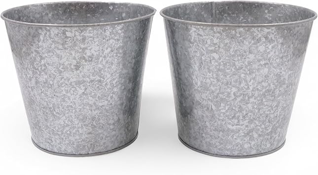 Hosley Set of 2 Galvanized Metal Buckets with Liner Farmhouse Planters, Floral Arrangements, Storage & Candle Decor Indoor Outdoor Rustic Home Decor Pots