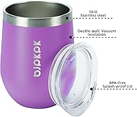 Vista 2 de BJPKPK 2 vasos de vino aislados de 12 onzas, vaso de vino aislado de 12 onzas con tapa, vasos de vino de acero inoxidable irrompibles, vaso aislado