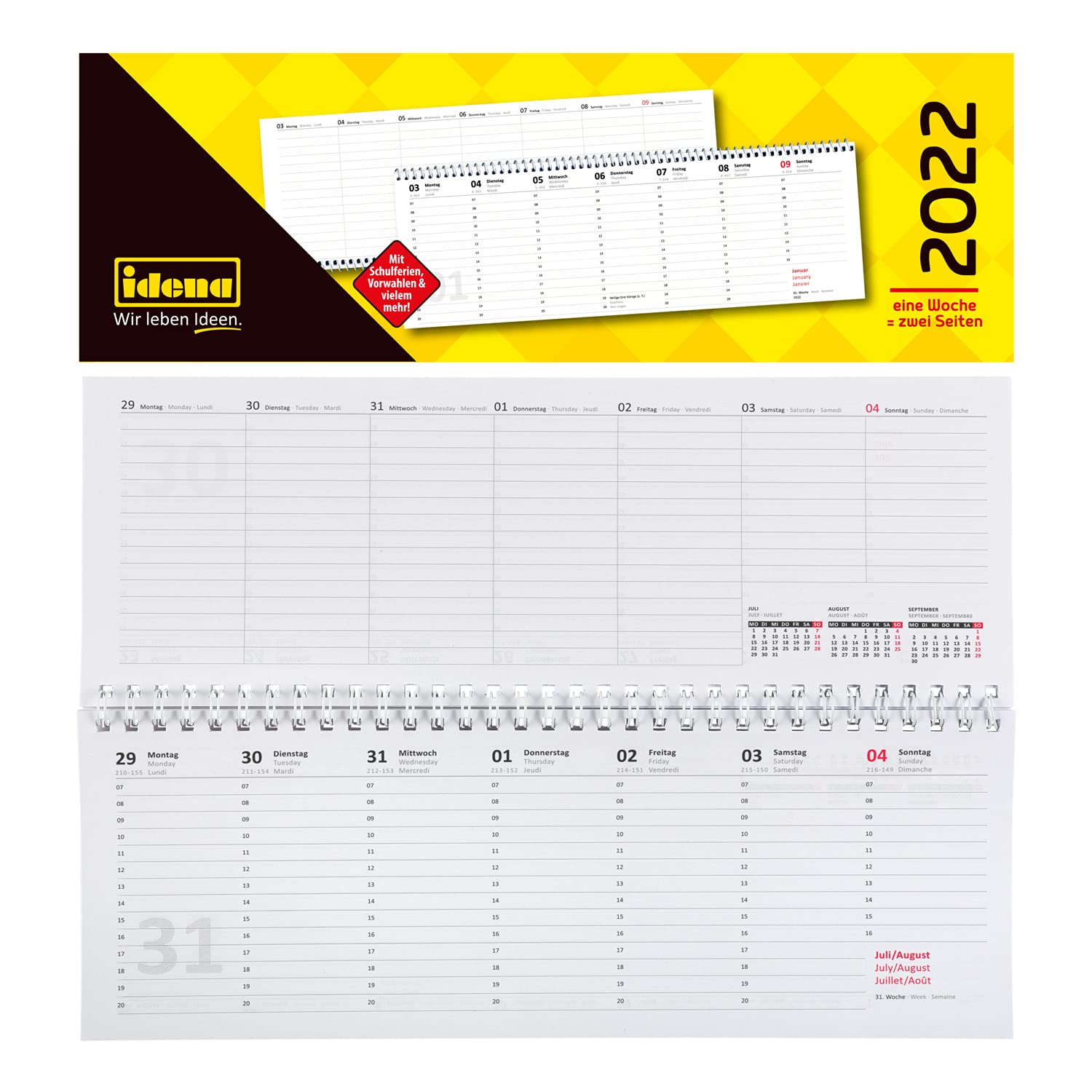 Idena 12133 Desk Calendar 2022, Landscape Format, 1 Week = 2 Pages, 1 Piece