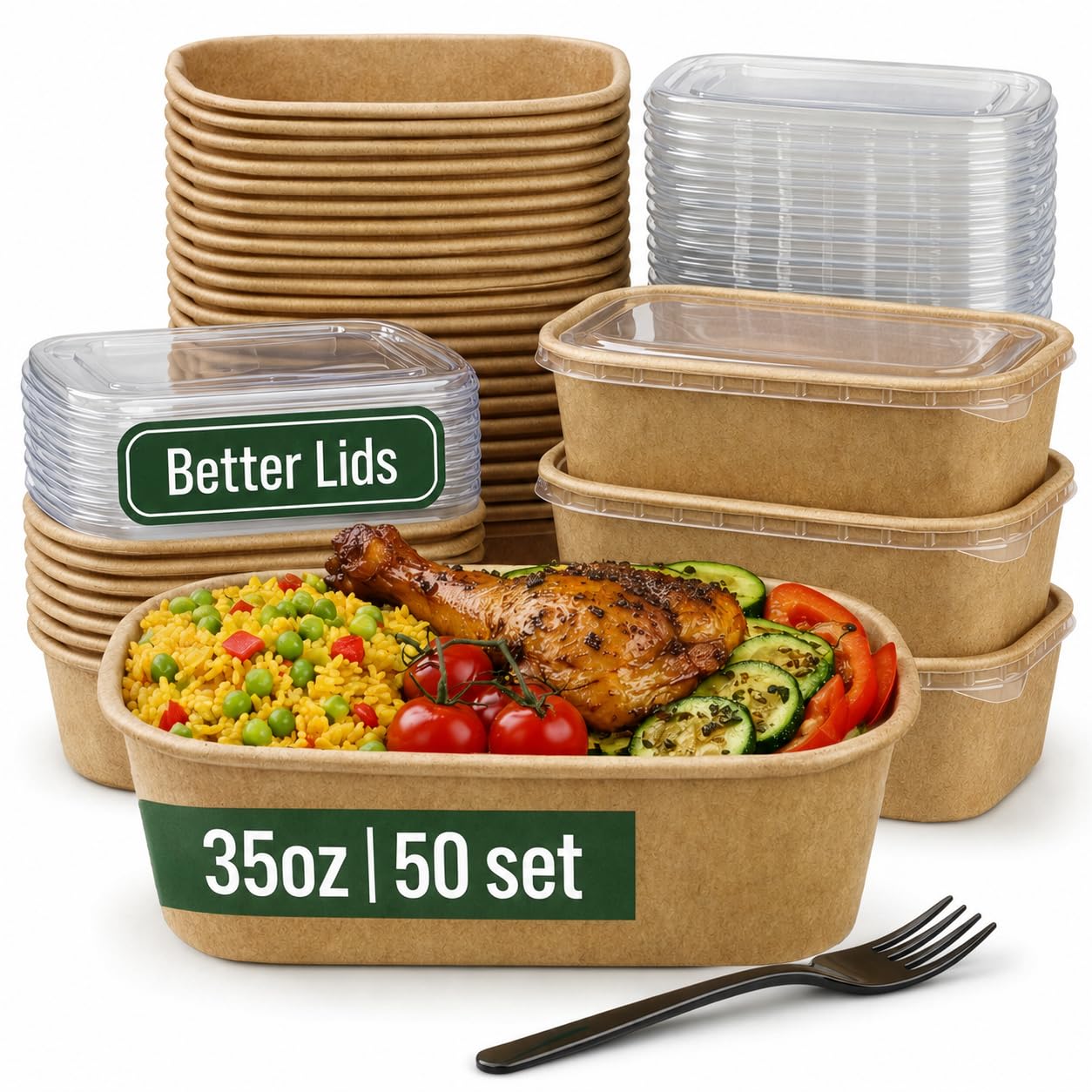 50 Pack 35oz Disposable Meal Prep Containers with Lids, Paper Food Bowls