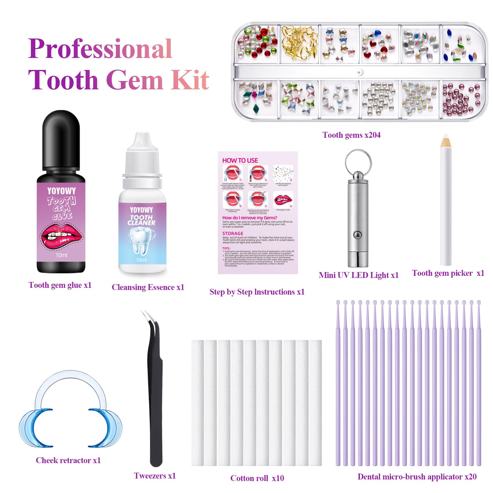 Kit de gemas de dientes, kit de joyería de dientes con pegamento y luz, kit de gemas de dientes para dientes, kit profesional de gemas de dientes, cristal de moda para dientes, gemas dulces de