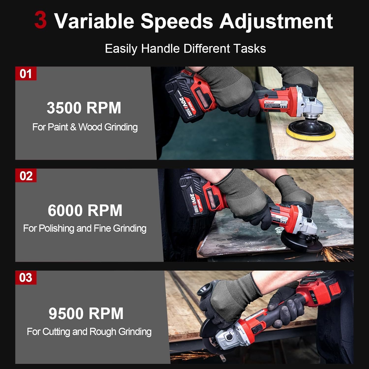 Cordless Angle Grinder, 20V Power Grinder with 2 x 4.0 Ah Battery, 9500 RPM 3 Variable Speeds Brushless Grinder Tool for Metal Cutting, Griding, Polishing, 4 1/2 Inch