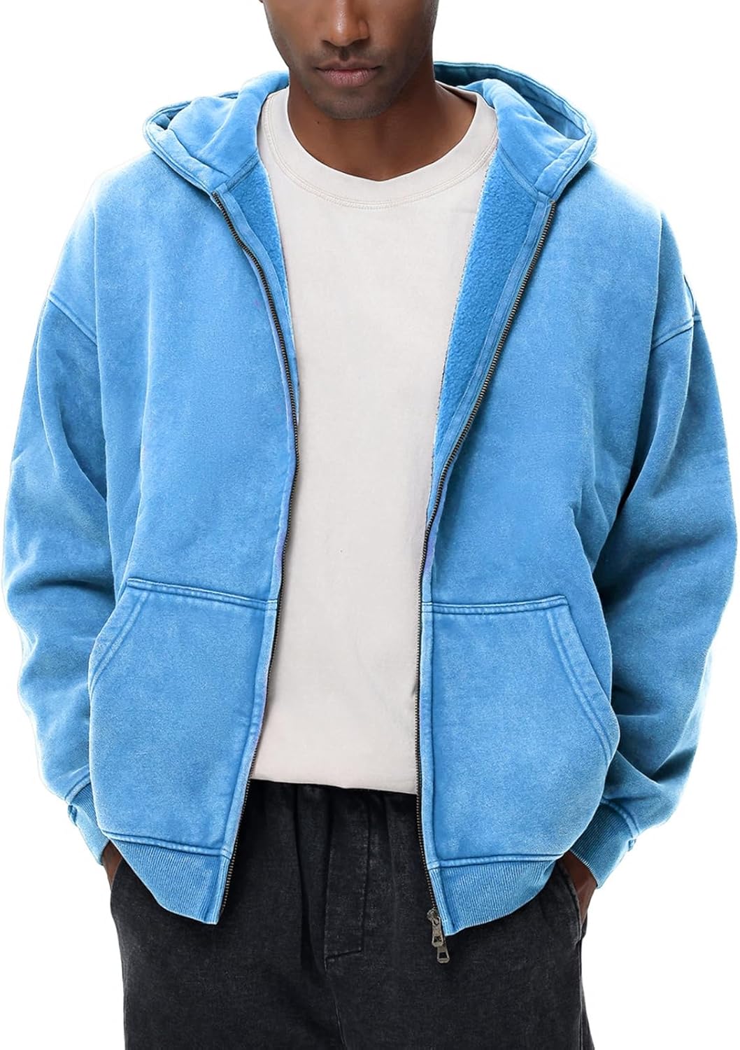 Mens Womens Fleece Double Zip Up Hoodies Oversized Acid Wash Vintage Heavyweight Sweatshirt Hooded Jacket