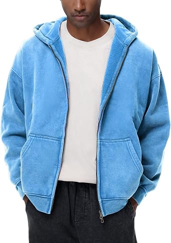 Mens Womens Fleece Double Zip Up Hoodies Oversized Acid Wash Vintage Heavyweight Sweatshirt Hooded Jacket