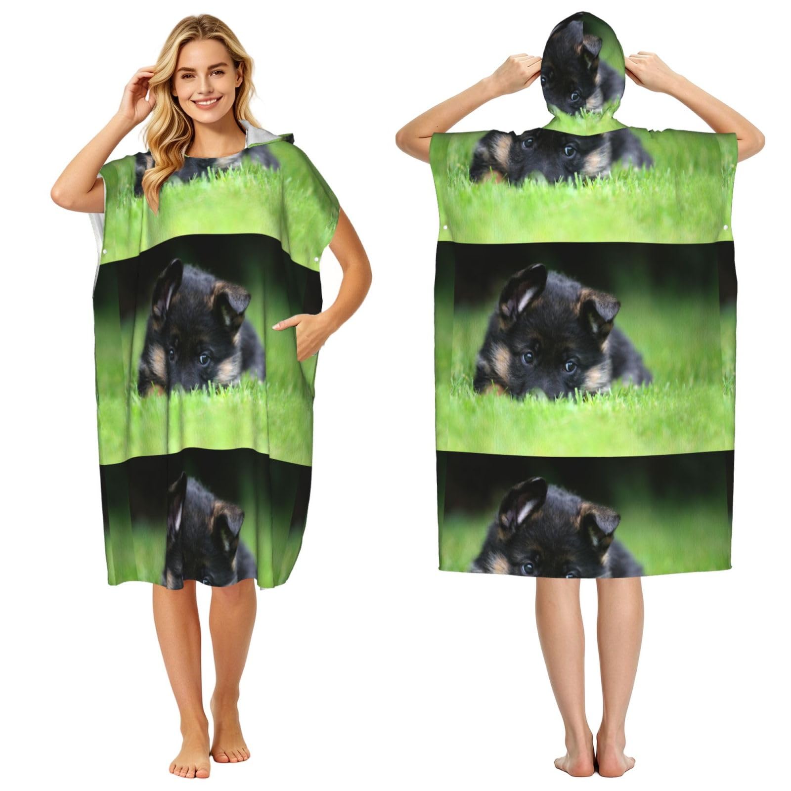 Poadnly German Shepherd Puppy Pets Lawn Bokeh Dogs, Adult Hooded Beach Towel 90 x 110 cm,Changing Bath Robe, Surf Poncho Towel For Women Men