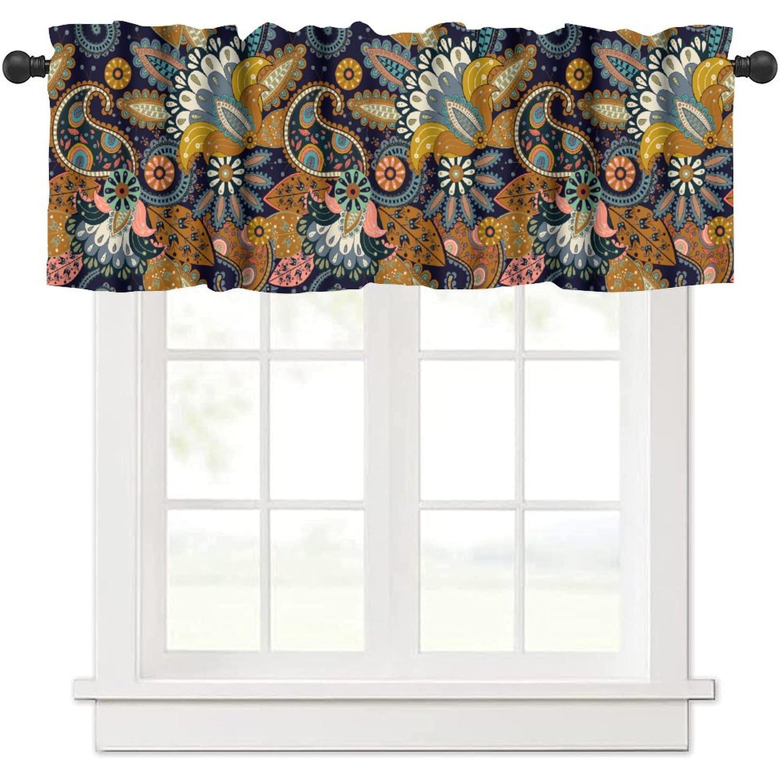 moderw Colorful Paisley Floral Window Valance Curtains Vintage Asian Abstract Flower Spring Summer Seasonal Window Treatments Curtain Valance for Farmhouse Kitchen Bedroom Living Room 54x18inch