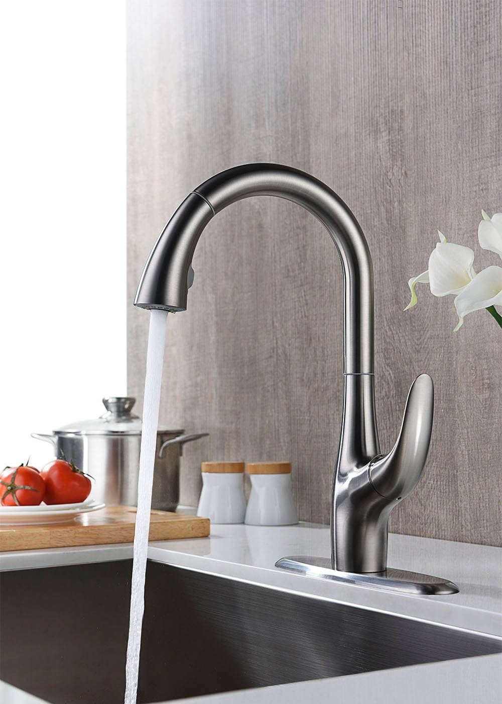 Purelux Calla Kitchen Sink Faucet with Pull Down Sprayer High Arc, Satin Stainless Finish Pull Out Sprayer