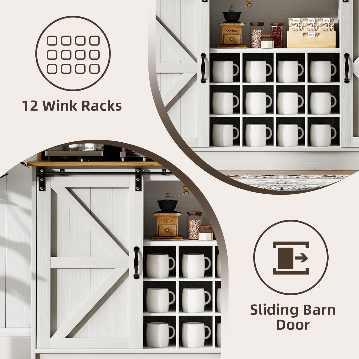 4ever2buy Coffee Bar Cabinet with Storage, 55 Inch Coffee Bar with Hutch, Tall Cabinet with Sliding Barn Doors, 12 Racks and 8 Hooks for Living Dining Room, White