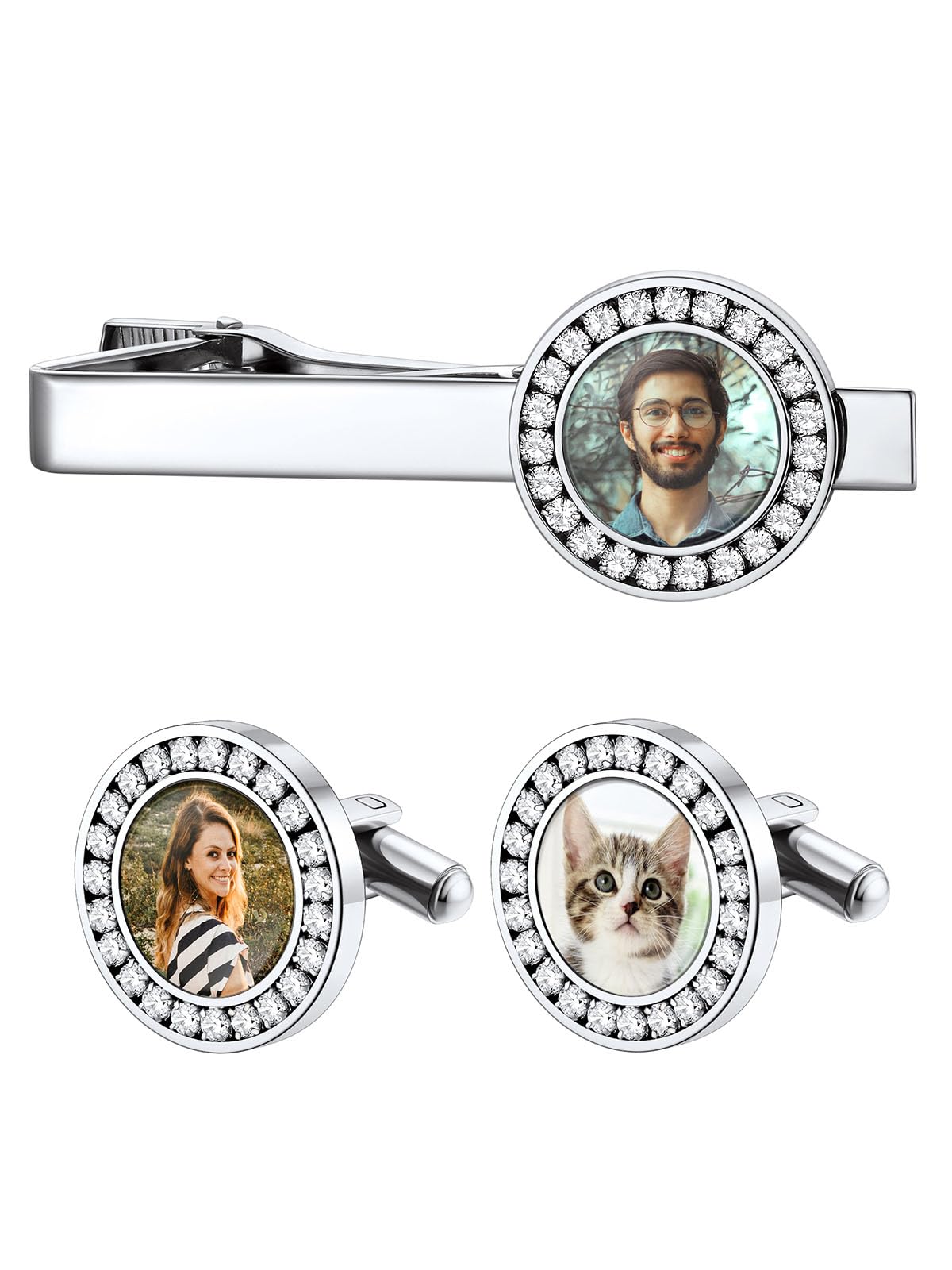 Custom4U Krawattennadel für Herren Personalisierte Krawattenklammer mit Name/Text/Foto Gravur Männer Edelstahl Manschettenknöpfe Krawattenklammern Set in Silber/Gold/Schwarz für Vatertag Alltag