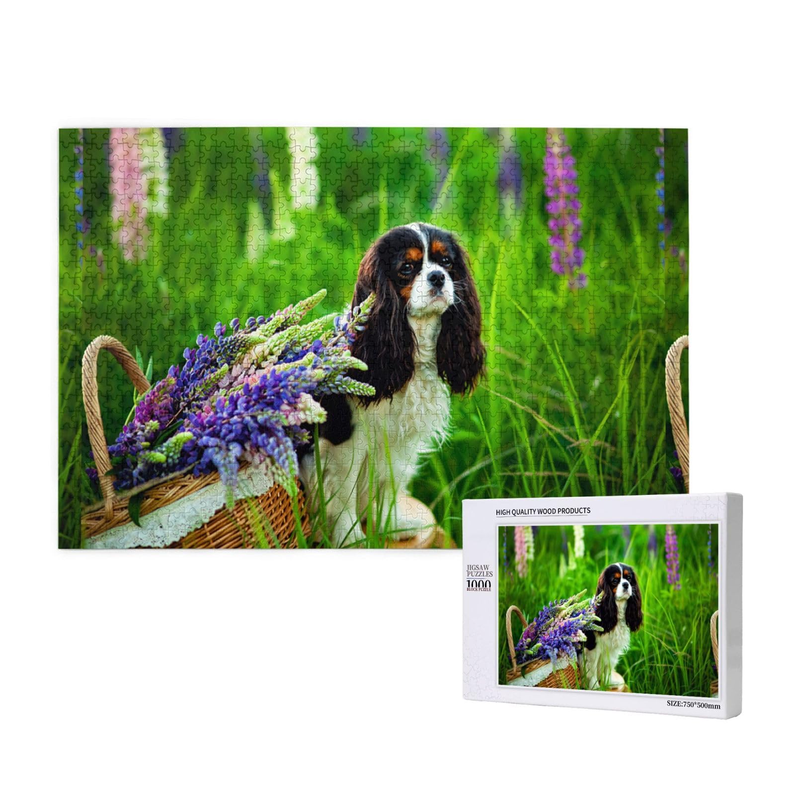 Gioco di puzzle per adulti, puzzle impegnativi, puzzle da 1000 pezzi, cane Cavalier King Charles Spaniel, lupini e fiori