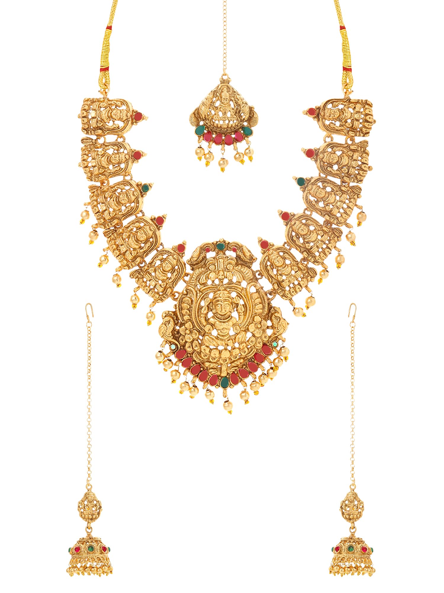 Yellow Chimes Jewellery Set for Women Gold Plated Traditional Temple Jewelry Set Antique Necklace Set with Earrings and Maangtikka for Women and Girls