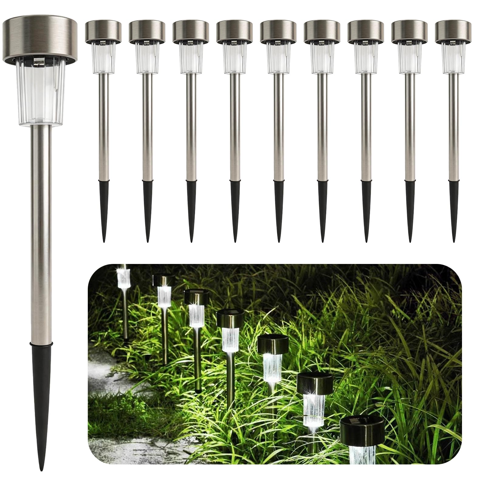 Melofo Solar Garden Stake Lights, 10 Pack LED Stainless Steel Waterproof Solar Lights Outdoor Garden Landscape Pathway Lighting for Walkway Patio Yard Driveway Lawn Decoration, Cold White