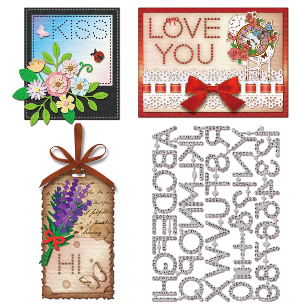 GLOBLELAND Hollow Out Letters Numbers Frame Cutting Dies for DIY Scrapbooking Metal 26 Letters and 10 Numbers Cut Dies Sewing Stitches Die Cuts for Card Making Embossing Photo Album Craft