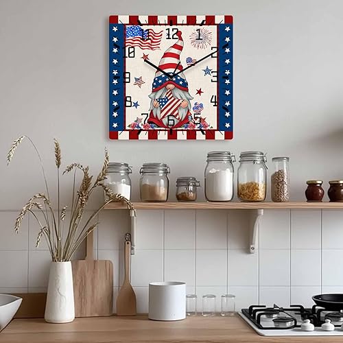 Miniatura 9 de Debedcor 4th of July Gnomes Wooden Wall Clock Silent Non Ticking, American Flag Star Independence Day Square Wall Clock Battery Operated, Decor