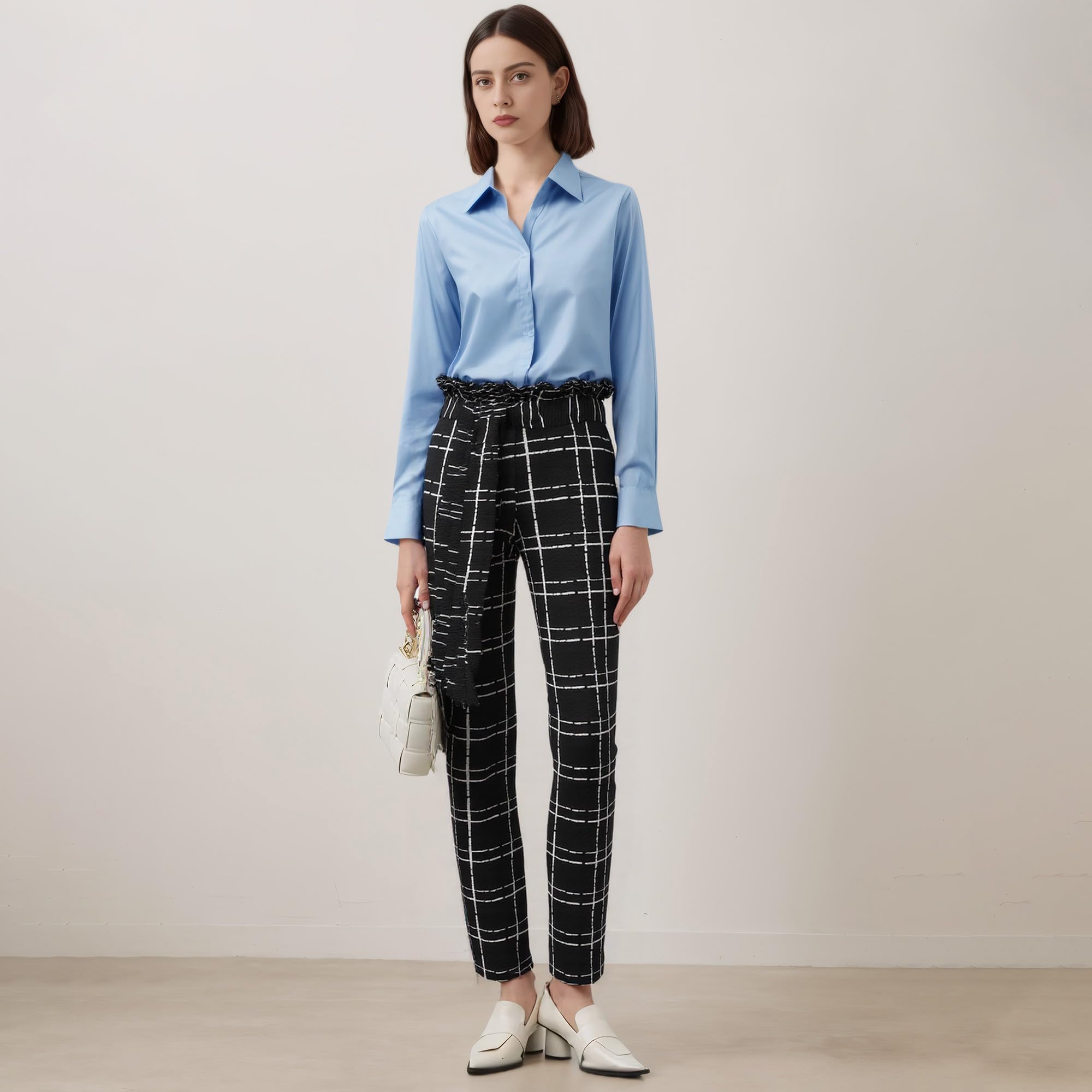 Women Casual High Waist Plaid Stretch Pants Slim Fit All Season Trousers