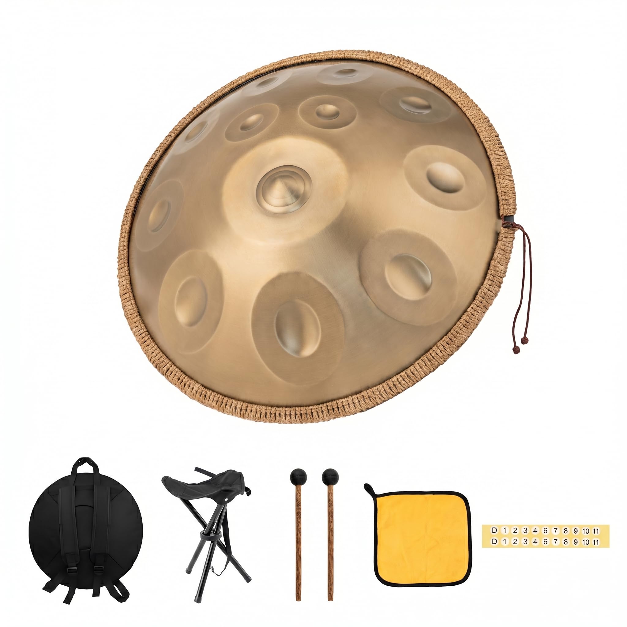 Handpan 22 Zoll 12 Töne D-Kurd 440Hz Gold Trommel Set für Meditation Yoga Klangheilung Legierter Stahl inkl Tasche Ständer Schlägel Reinigungstuch Notenaufkleber