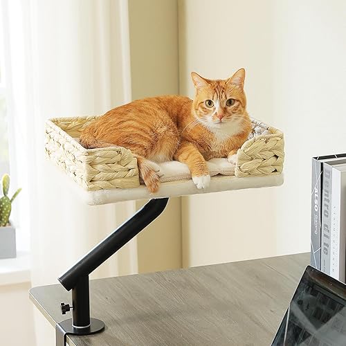 PAWZ Road Cat Desk Bed for Indoor Cats, Wicker Cat Bed for Desk Supports Up to 50 lbs, 360° Rotation & Adjustable Soft Plush Cats Hammock for Desktop, White - Wicker