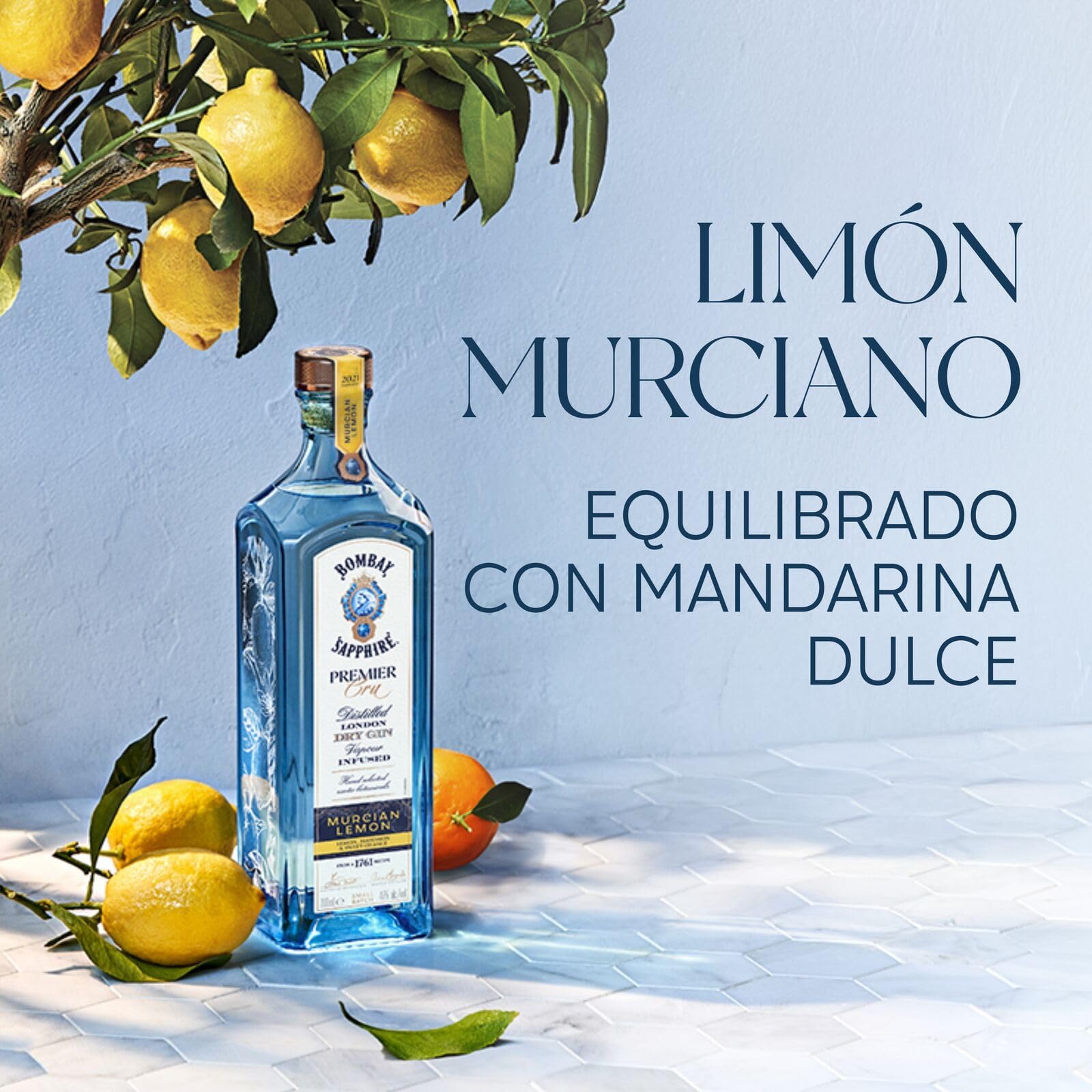 Bombay Sapphire Premier Cru Murcian Lemon London Dry Gin, 47% Vol., 70 cl / 700 ml, bebida espirituosa 100% infusionada al vapor con cítricos recolectados a mano