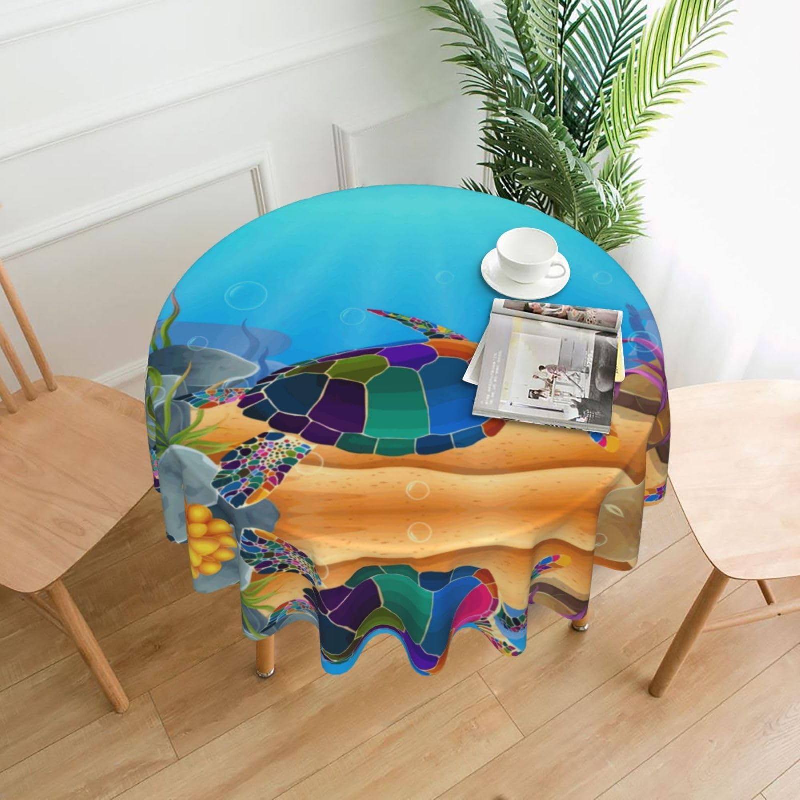Hjfczh Black Sea Turtle Prints Round Table Throw 60 Inch - Waterproof Table Cover - Soft & Wrinkle Resistant Decor Layer For Dinners, Parties & Everyday Use