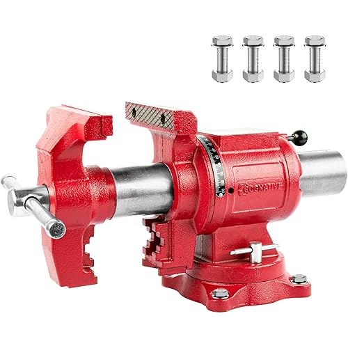 Upgraded UPG 5-Inch Terminal Location Bench Vise with Ductile Iron Bench Vise 360° Multi-Purpose Bench Vice with Anvil and Positioning Pins, Clamp force 8800lbs, Red