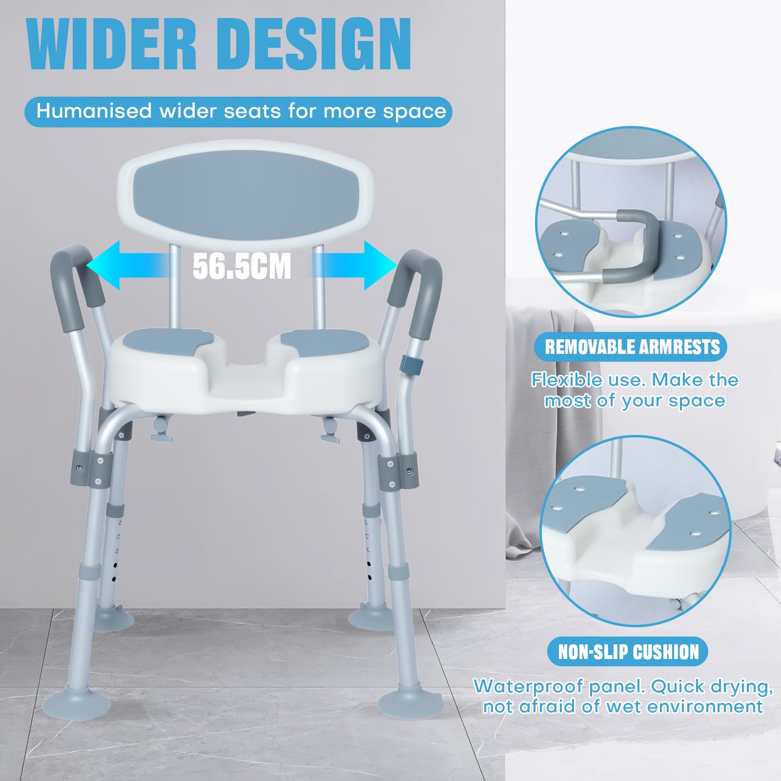Bostar Silla Ducha Personas Mayores Antideslizante con Respaldo y Reposabrazos/Diseño Forma de U, MAX. 136 kg Regulable 5 Alturas 44,5-55 cm Taburete Baño para Bañera y Ducha