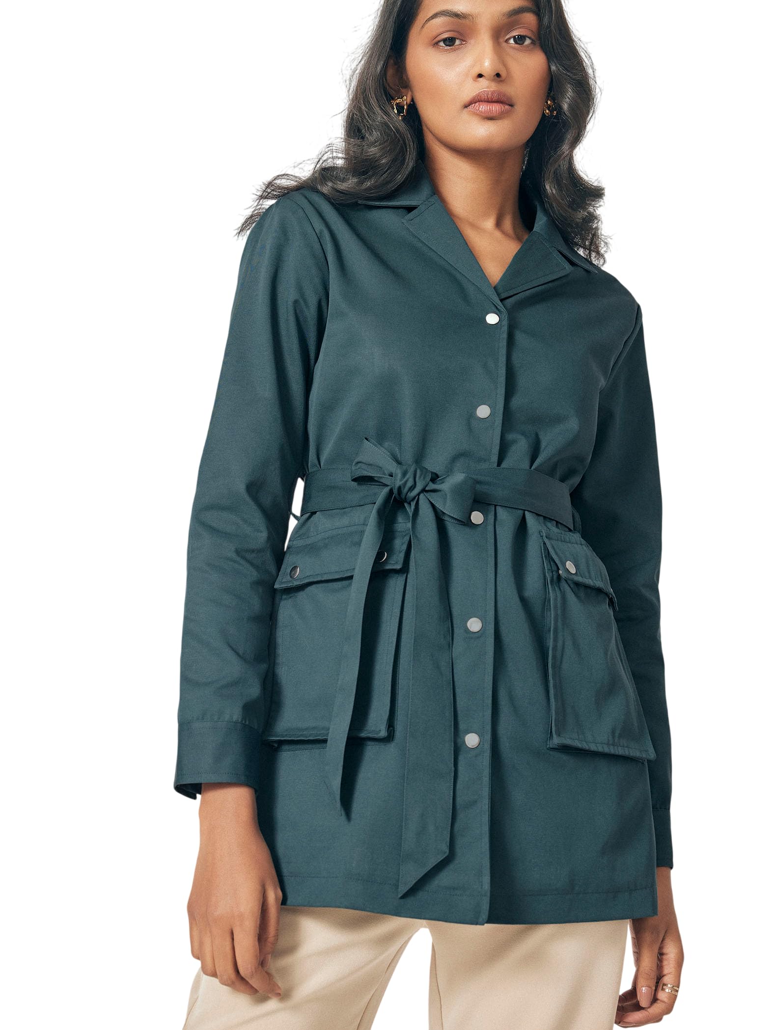 the label life Polyester Teal Belted Trench Coat for Women | Stylish Elegant Comfortable Comfort fit Solid Plain Western Outfit Top-picture-16