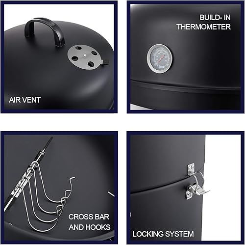 Miniatura 9 de Realcook Ahumador vertical de carbón de acero de 17 pulgadas, parrilla redonda resistente para cocinar al aire libre, negro