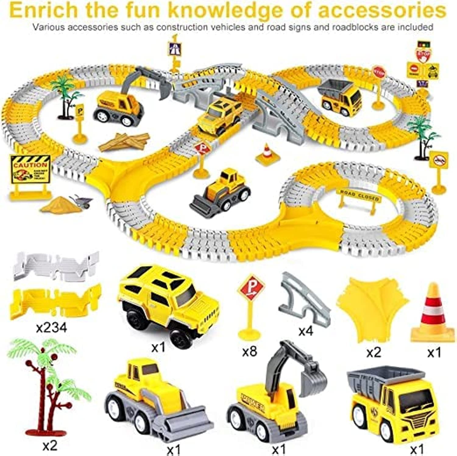 DIY Toy Car Race Track, Yellow/Grey Color, With a Battery Powered toy car and Construction Vehicles, Plastic Material (255 Pieces). DIY Toy for boys, DIY Toy for girls
