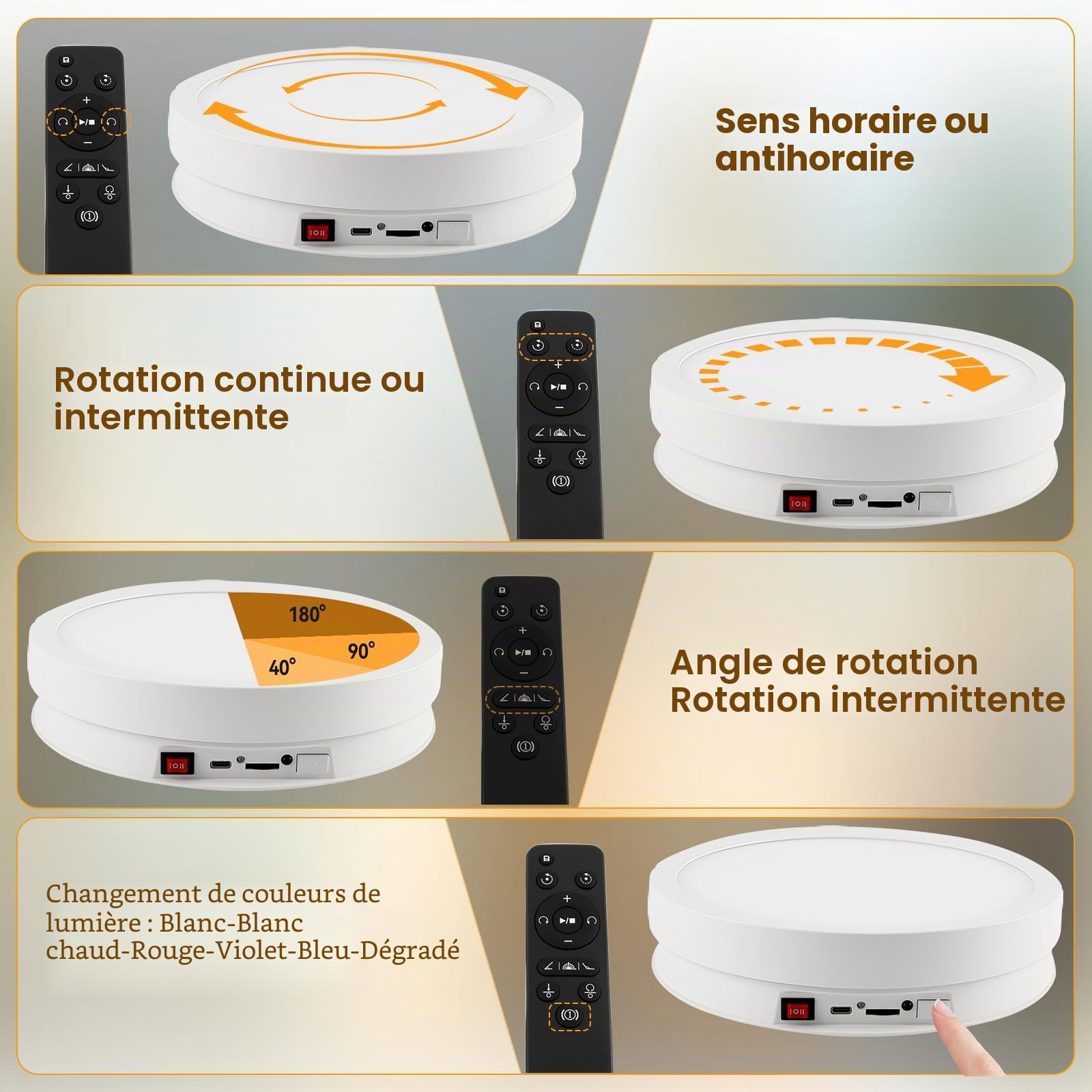 Plateau tournant électrique à 360° pour photographie, plateau tournant électrique avec télécommande et lumière LED 6 couleurs, charge de 20 kg, plateau tournant pour photo en verre et cristal (blanc)